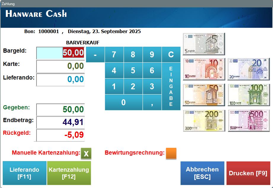 Hanware Cash Zahlungsdialog: Bargeld, Karte, Lieferando, Schein-Tasten, automatische Rueckgeld-Berechnung